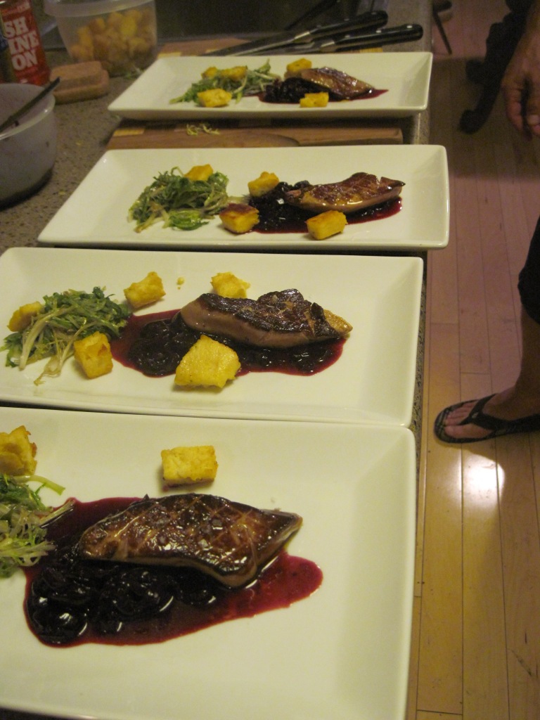 Seared foie gras (aka meat butter) with cherry/shallot compote, braised frisee and polenta croutons
